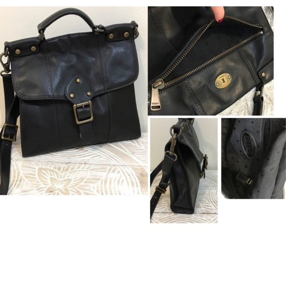 Fossil Black Leather Crossbody Satchel with Brass Hardware